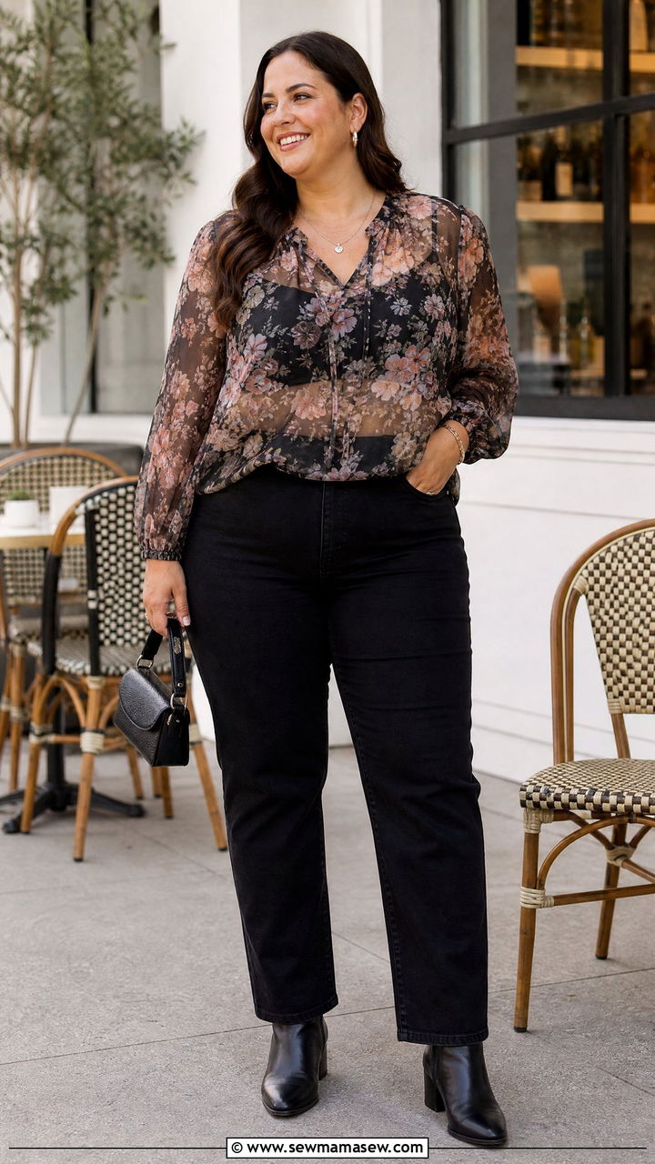 Floral Sheer Blouse With Black Jeans - 20 plus size sheer blouse outfit ideas