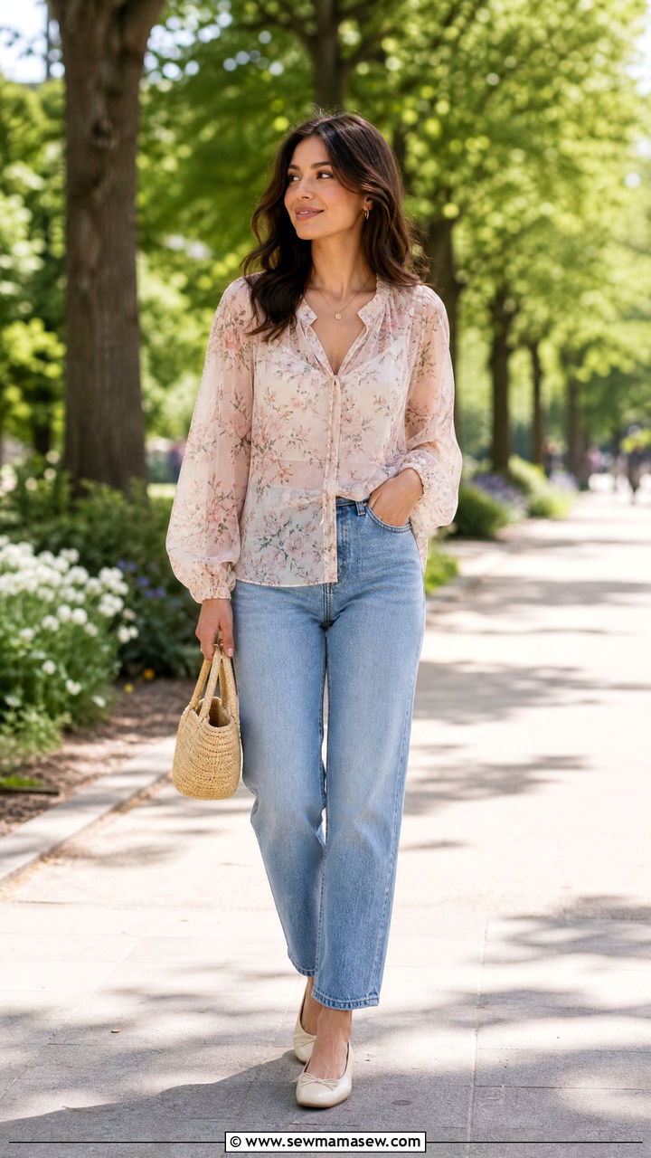 Floral Sheer Blouse With Straight Jeans - 20 sheer blouse outfit ideas