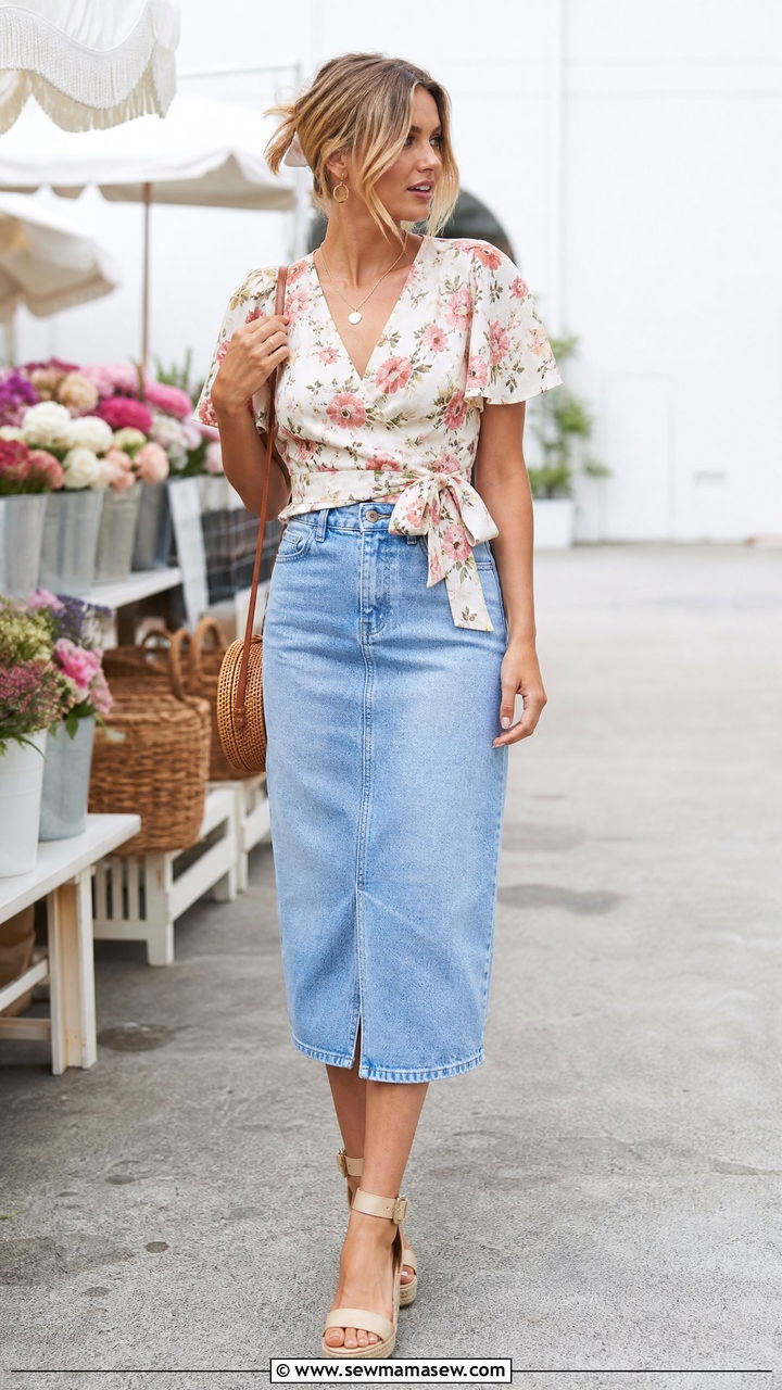 Floral Tie Front Wrap Top With Denim Skirt - 20 tie front wrap top outfit ideas