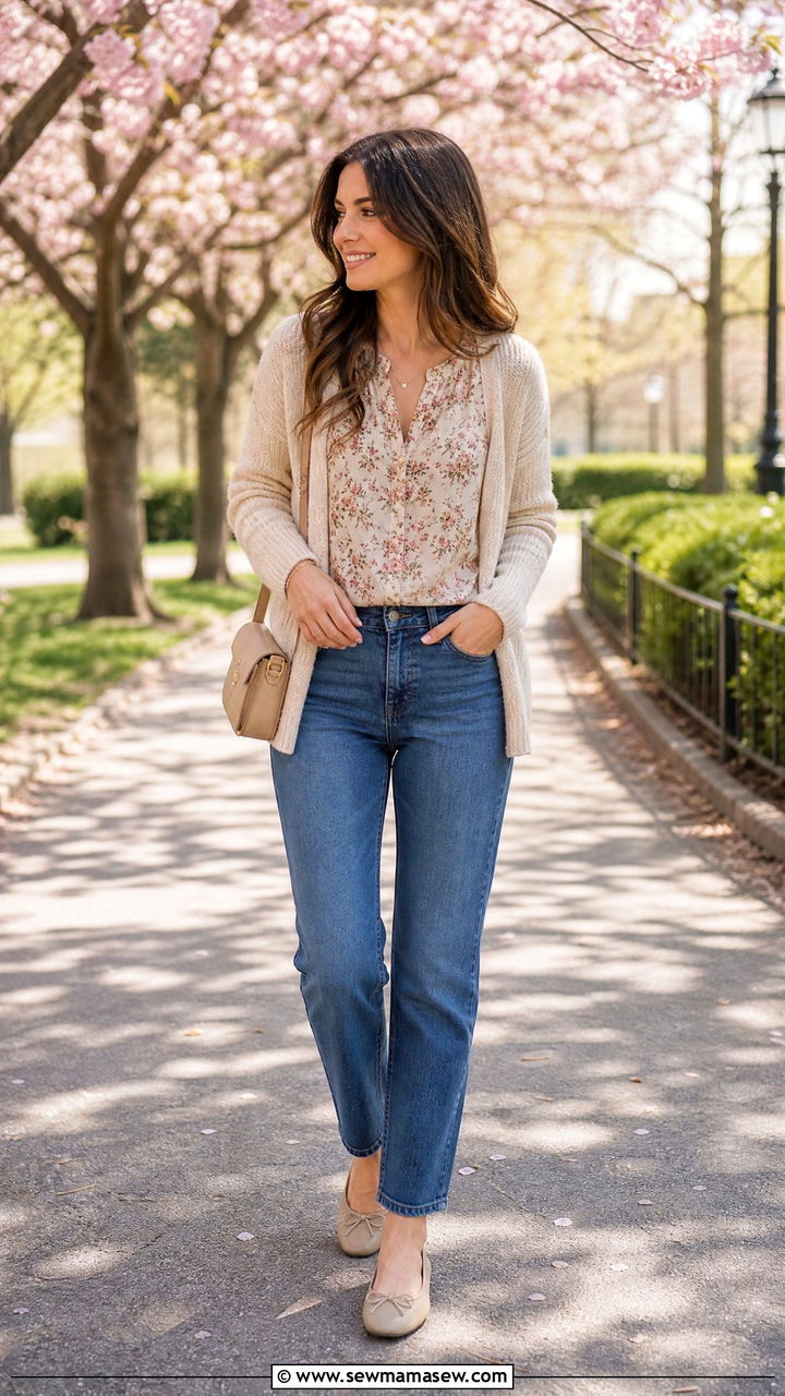 Floral Top With Cardigan And Jeans - 20 floral top outfit ideas