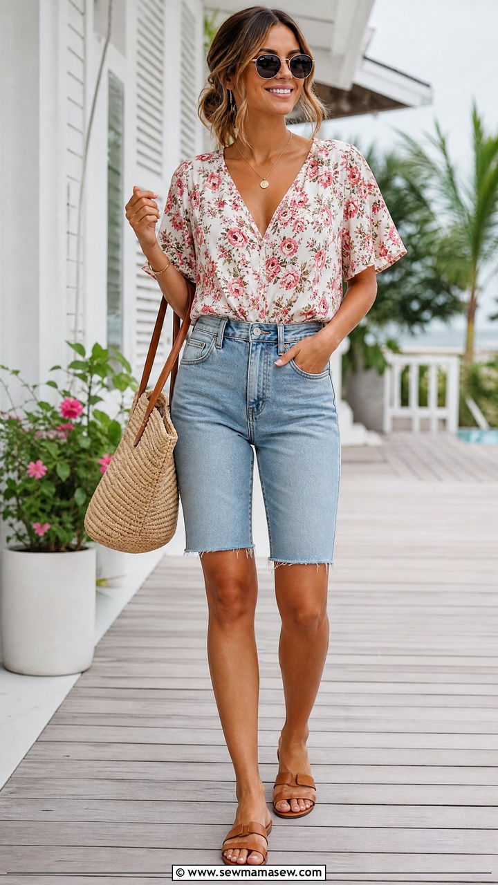 Floral Top With Denim Shorts - 20 floral top outfit ideas