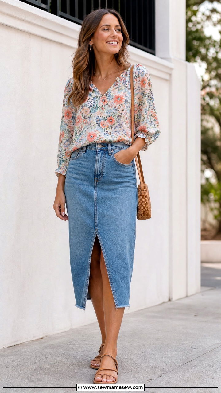Floral Top With Denim Skirt - 20 floral top outfit ideas