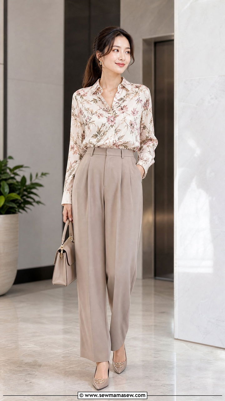 Floral Top With Pleated Pants - 20 floral top outfit ideas