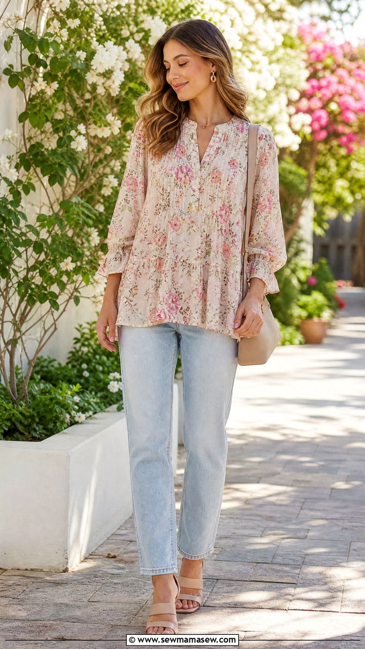 Floral Tunic Top With Light Wash Jeans - 20 tunic top outfit ideas