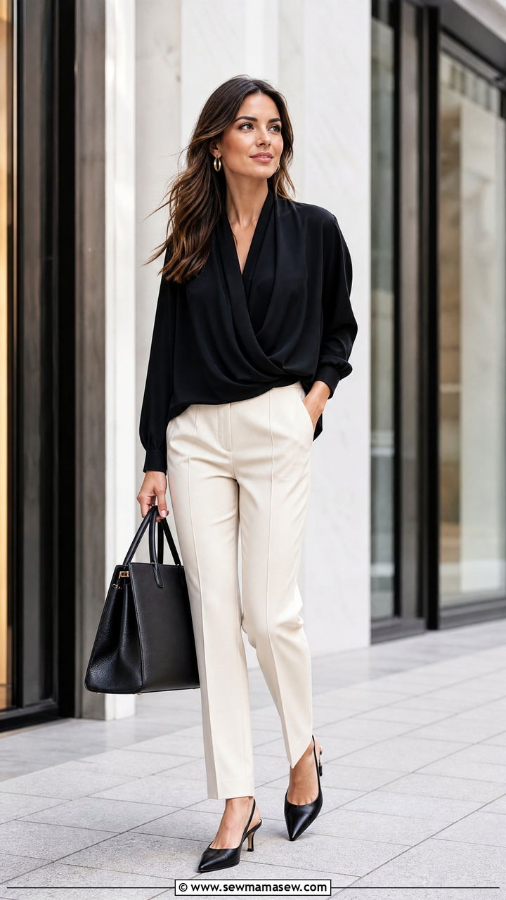 Flowy Black Top With Tailored Trousers - 20 flowy top outfit ideas