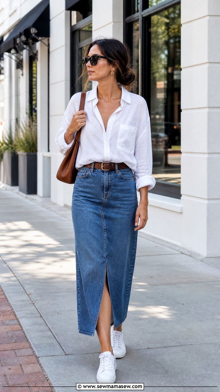 Flowy Button Down Shirt With Denim Skirt - 20 flowy top outfit ideas