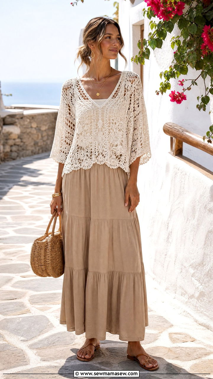 Flowy Crochet Top With Maxi Skirt - 20 flowy top outfit ideas