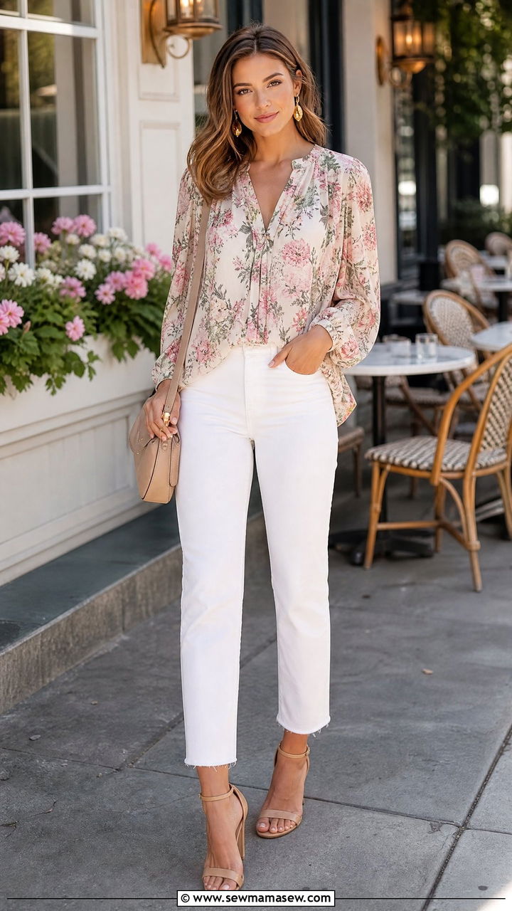 Flowy Floral Top With White Jeans - 20 flowy top outfit ideas