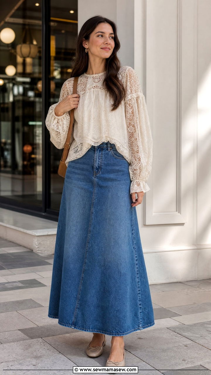 Flowy Lace Top With Denim Maxi Skirt - 20 flowy top outfit ideas