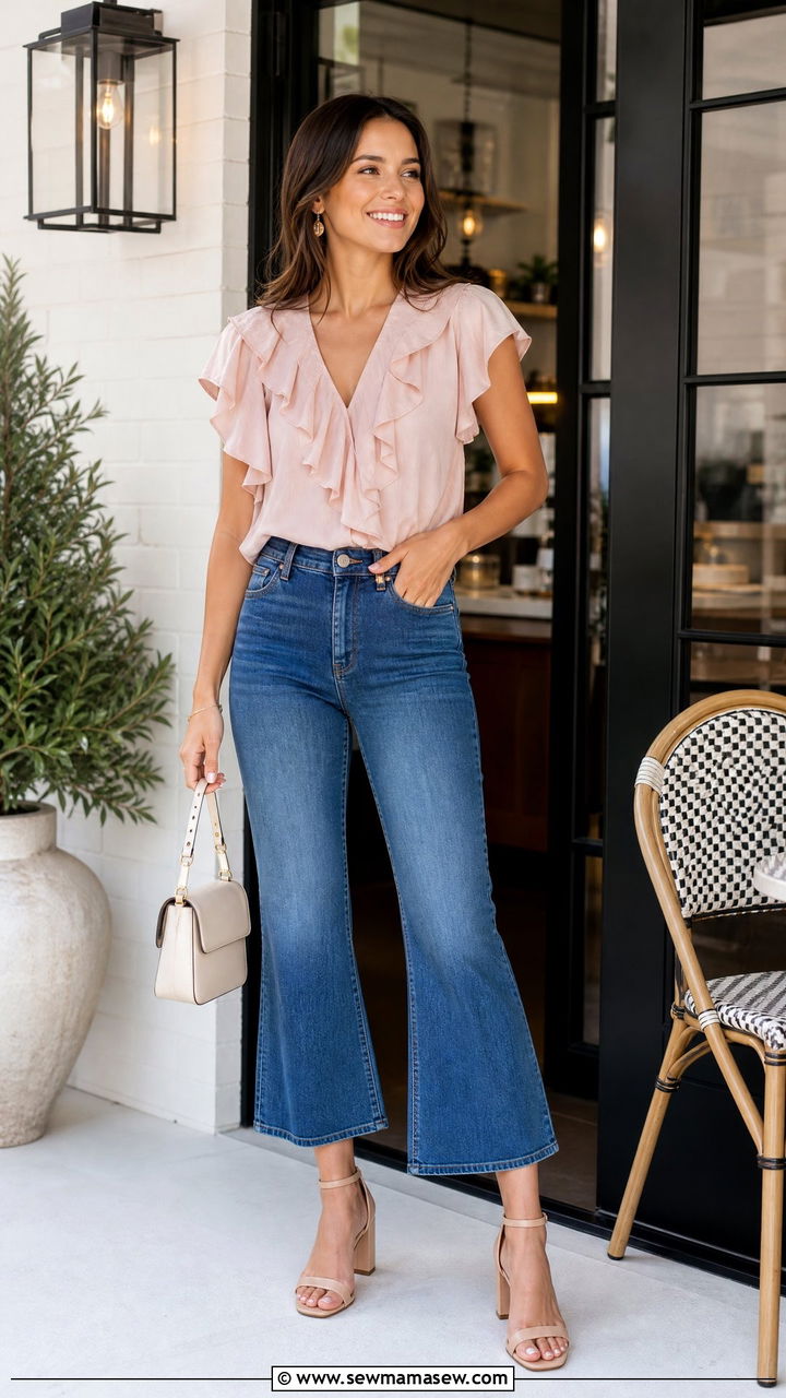 Flowy Ruffle Top With High Waist Jeans - 20 flowy top outfit ideas
