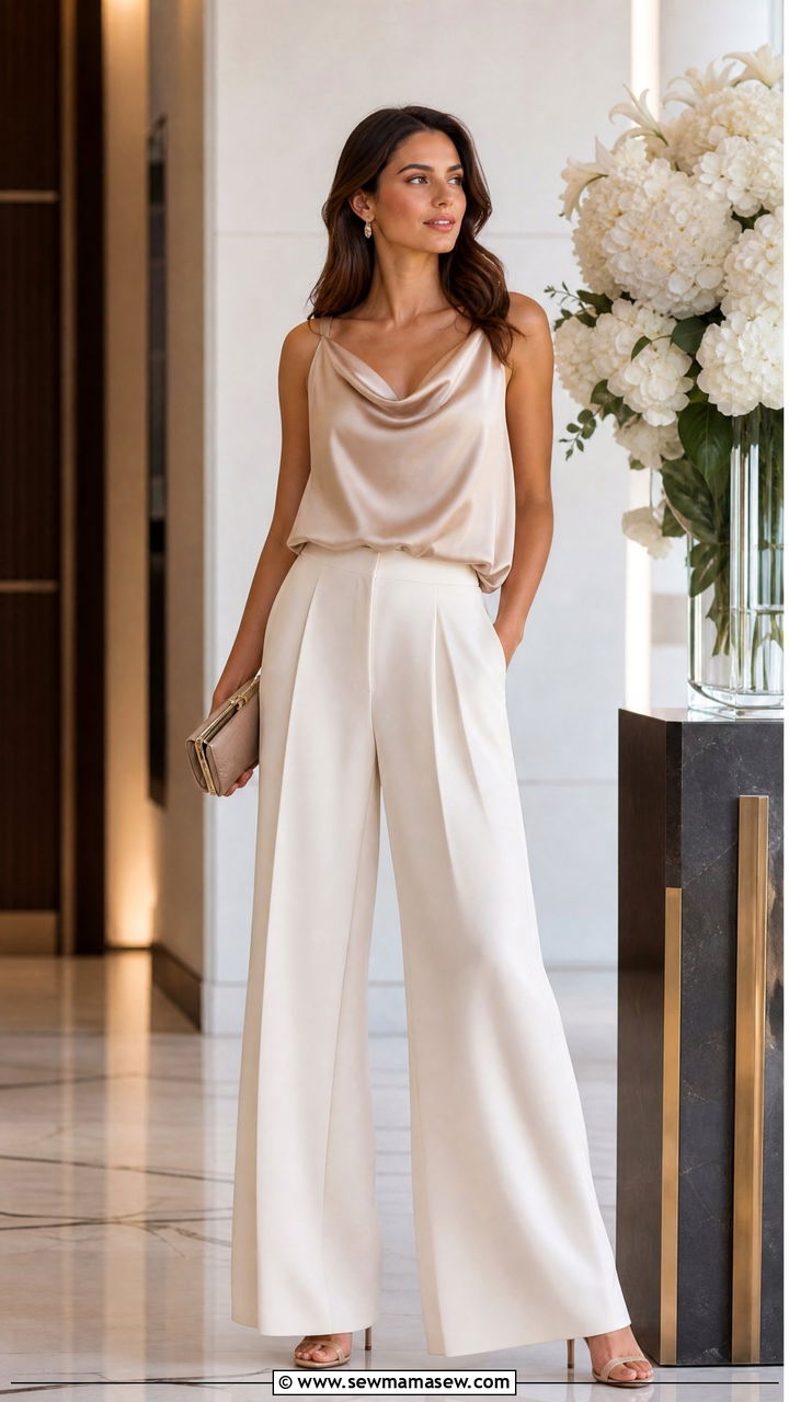 Flowy Satin Top With Wide Leg Trousers - 20 flowy top outfit ideas