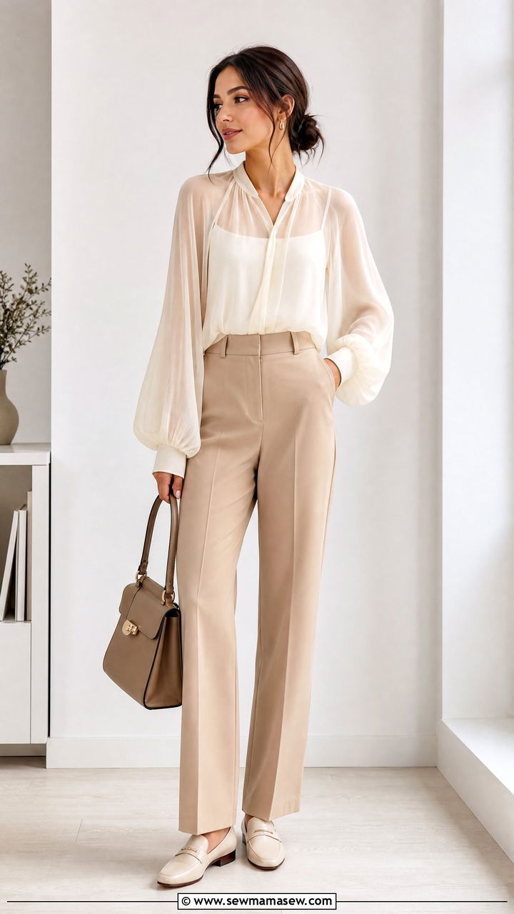 Flowy Sheer Top With Camisole And Trousers - 20 flowy top outfit ideas