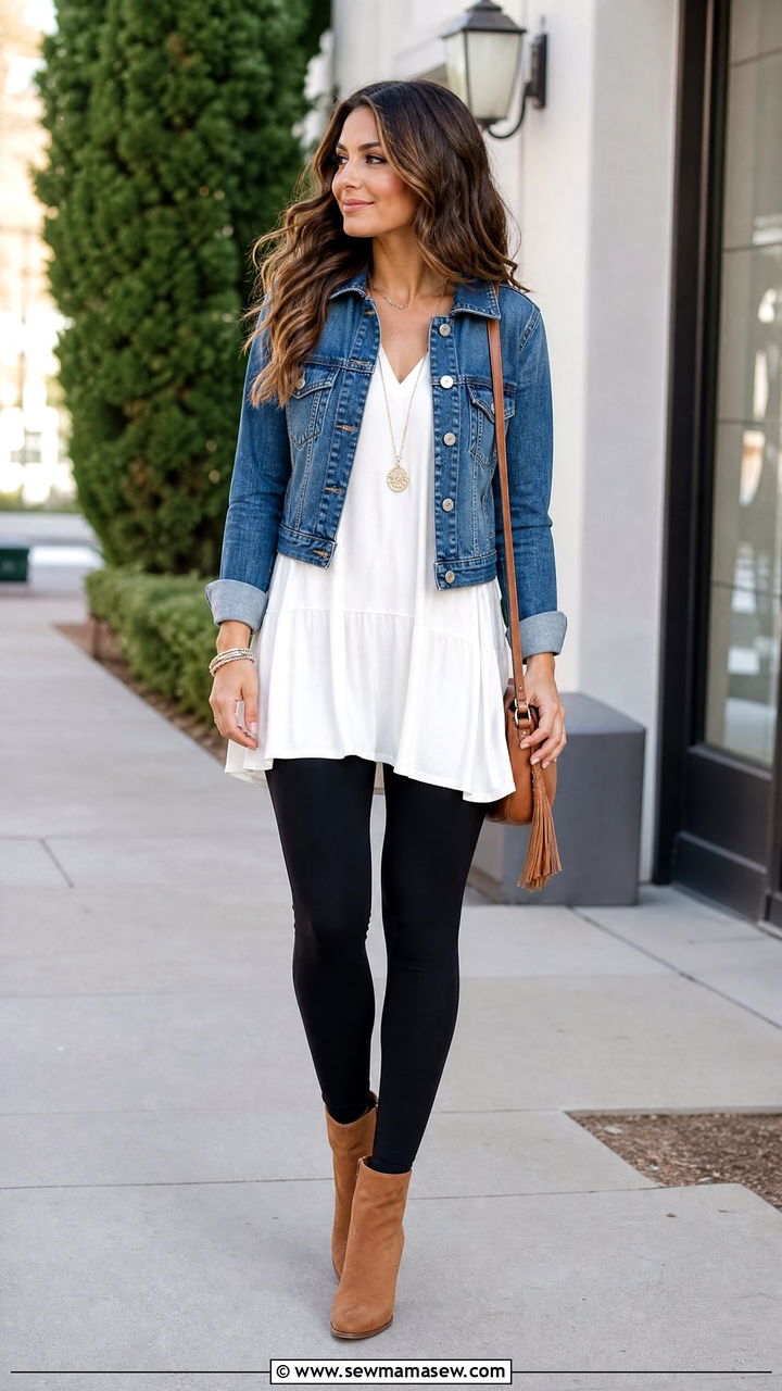 Flowy Tunic Top With A Denim Jacket - 20 flowy tunic top outfit ideas