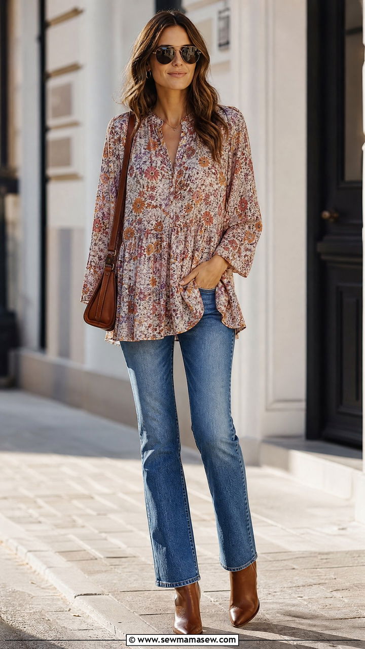Flowy Tunic Top With Straight Leg Jeans - 20 flowy tunic top outfit ideas
