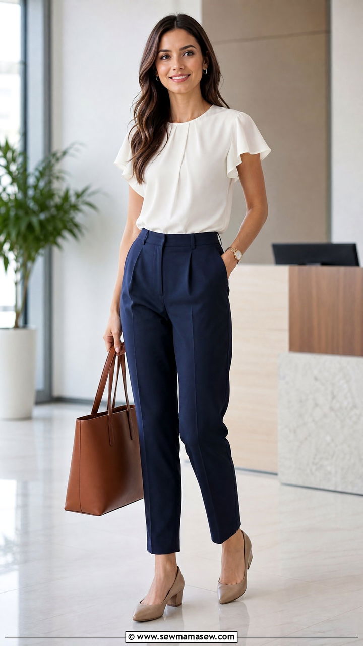 Flutter Sleeve Blouse With Tailored Trousers - 20 flutter sleeve top outfit ideas