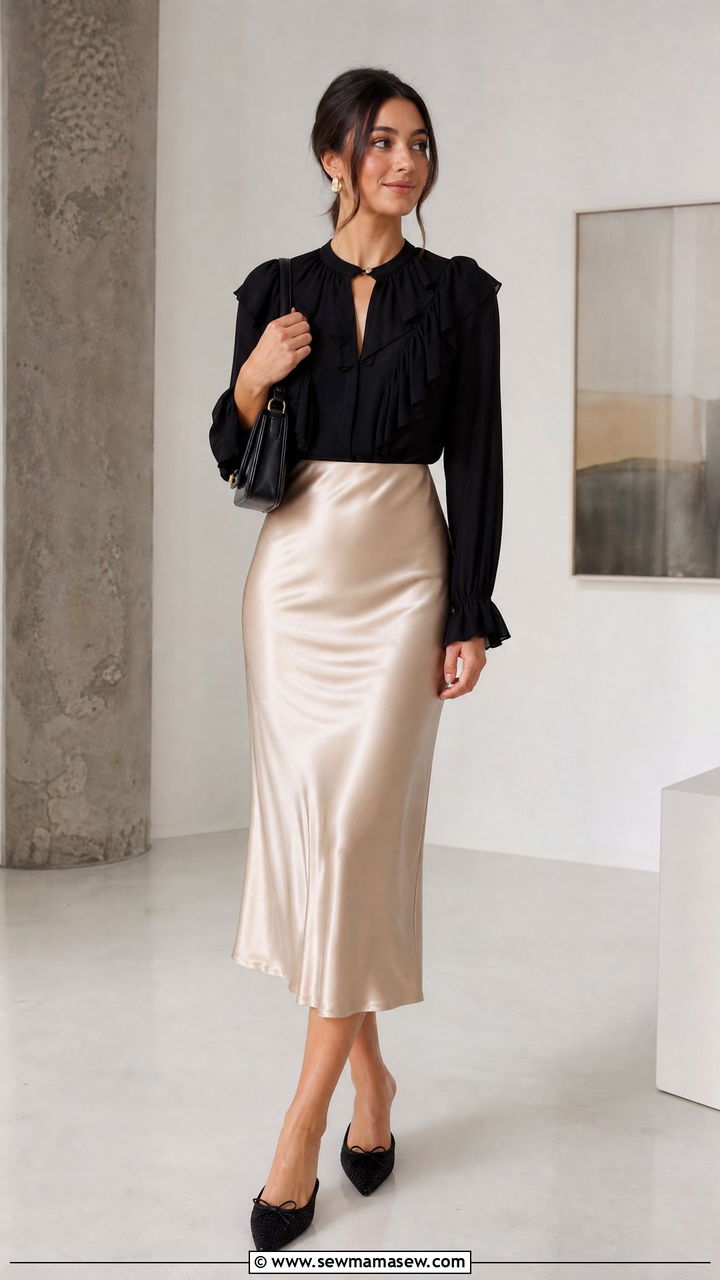 Frill Top With Satin Slip Skirt - 20 frill top outfit ideas