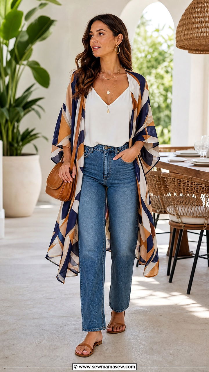 Geometric Print Kimono Top With Camisole And Jeans - 20 geometric print top outfit ideas