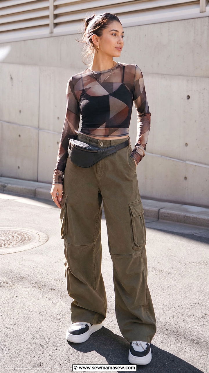 Geometric Print Mesh Top With Black Cami And Cargo Pants - 20 geometric print top outfit ideas