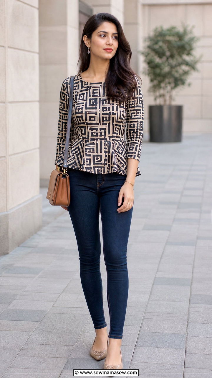 Geometric Print Peplum Top With Skinny Jeans - 20 geometric print top outfit ideas