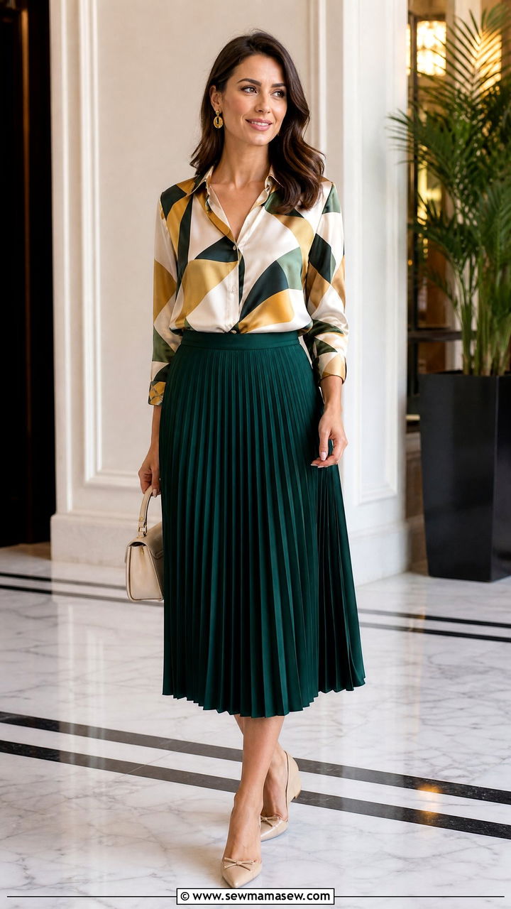 Geometric Print Satin Top With Pleated Skirt - 20 geometric print top outfit ideas