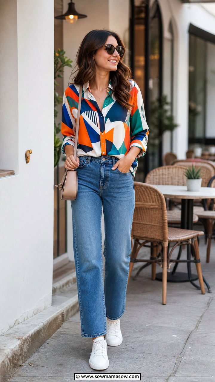 Geometric Print Top With Straight Leg Jeans - 20 geometric print top outfit ideas