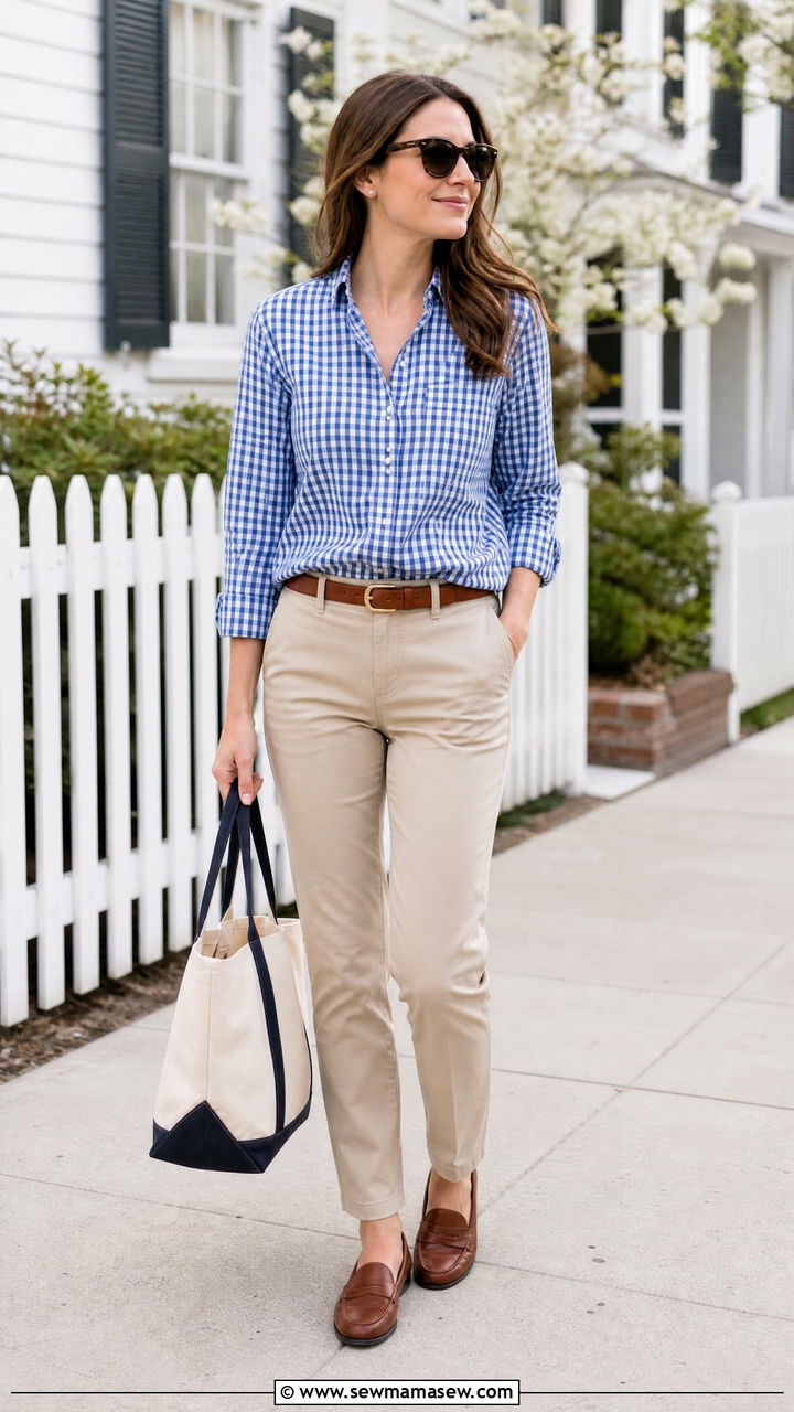Gingham Button Down With Khaki Pants Outfit - 20 preppy top outfit ideas