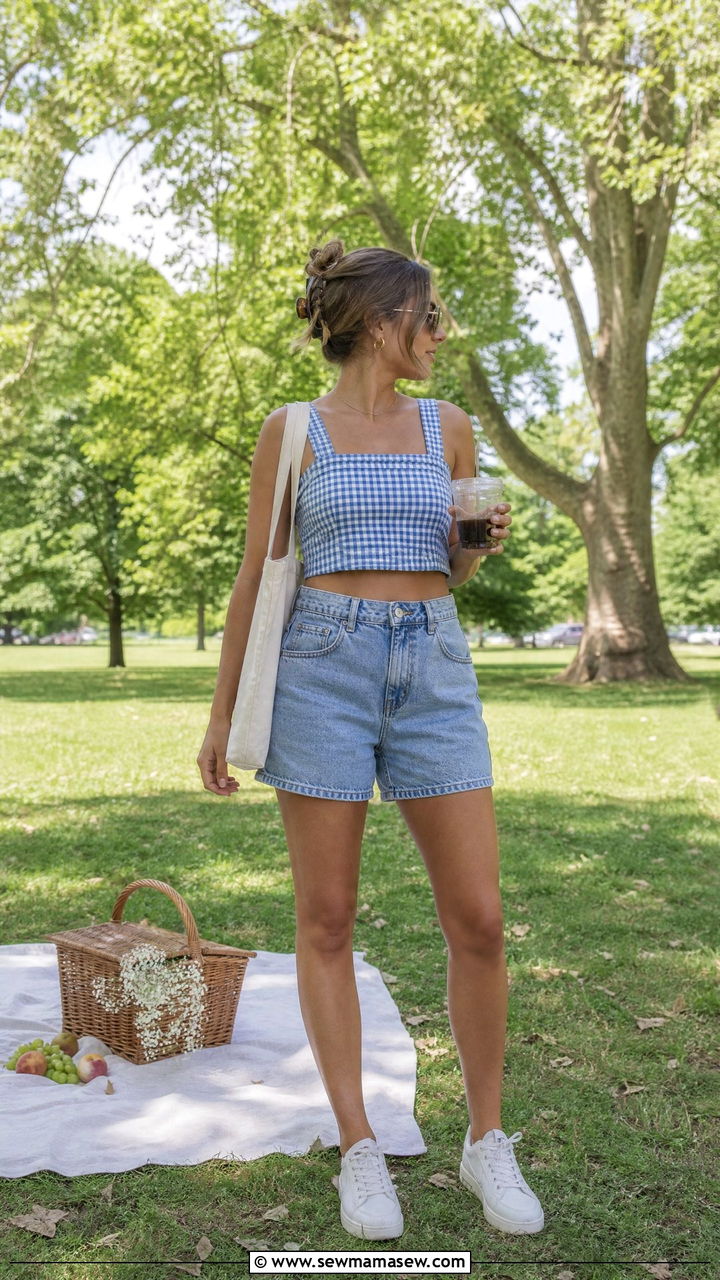 Gingham Crop Top And Denim Shorts Picnic Outfit - 20 summer crop top outfit ideas for a picnic