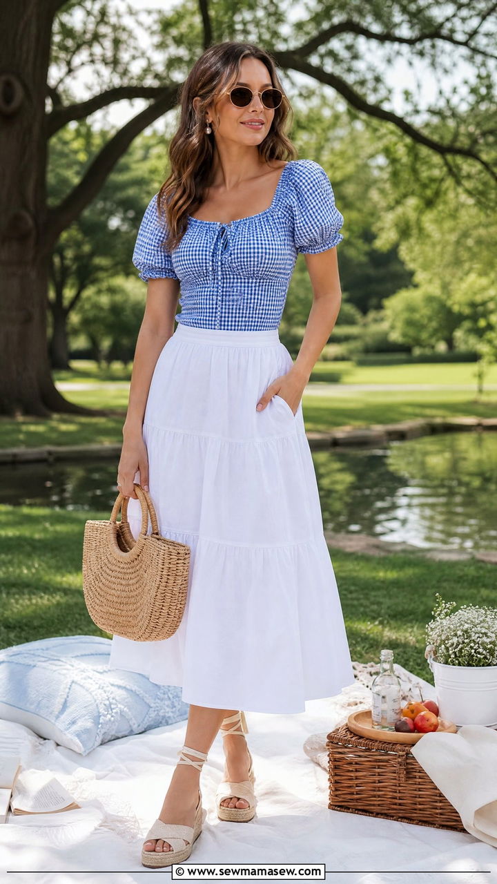 Gingham Milkmaid Blouse With White Skirt - 20 milkmaid blouse outfit ideas