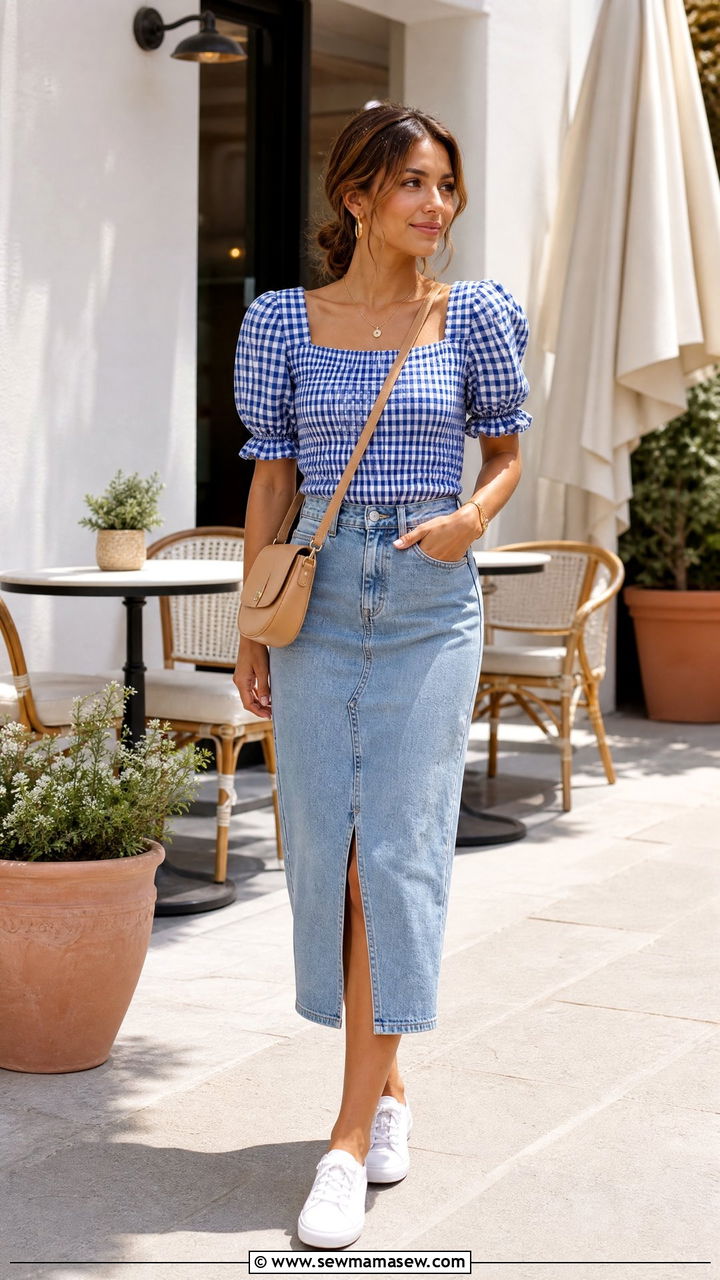 Gingham Top With Denim Skirt Outfit - 20 gingham top outfit ideas