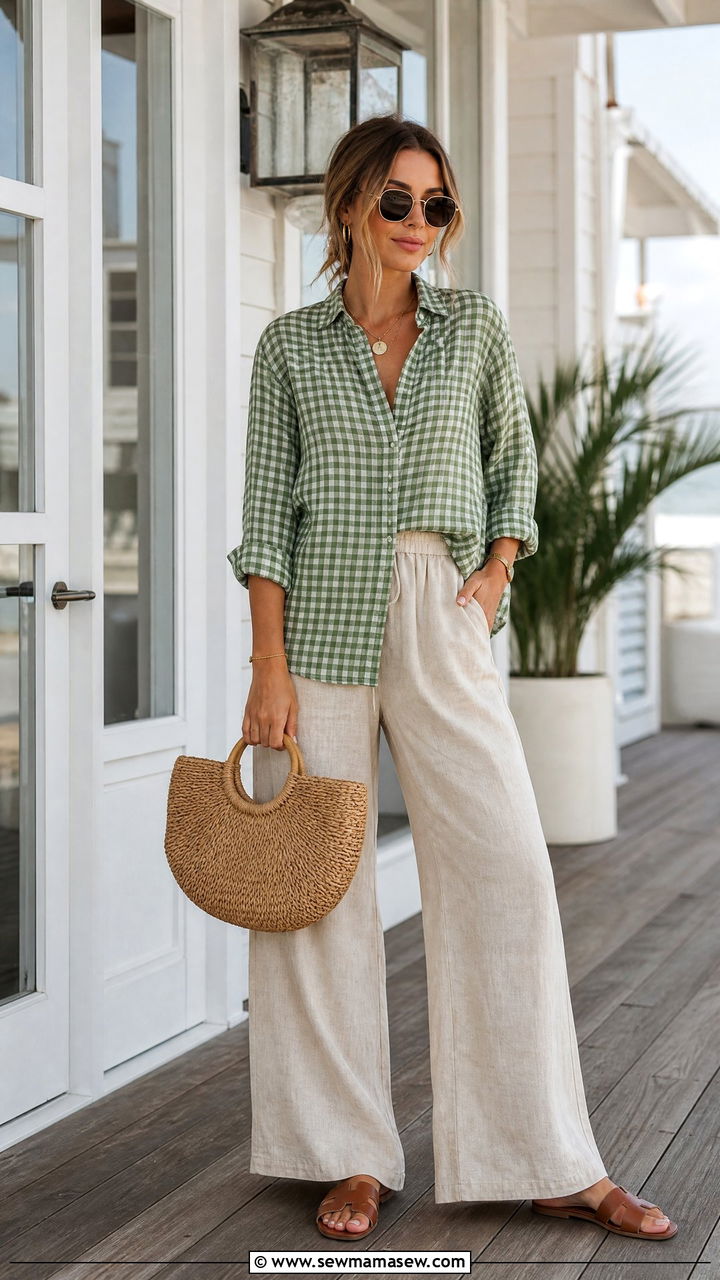 Gingham Top With Linen Pants Outfit - 20 gingham top outfit ideas