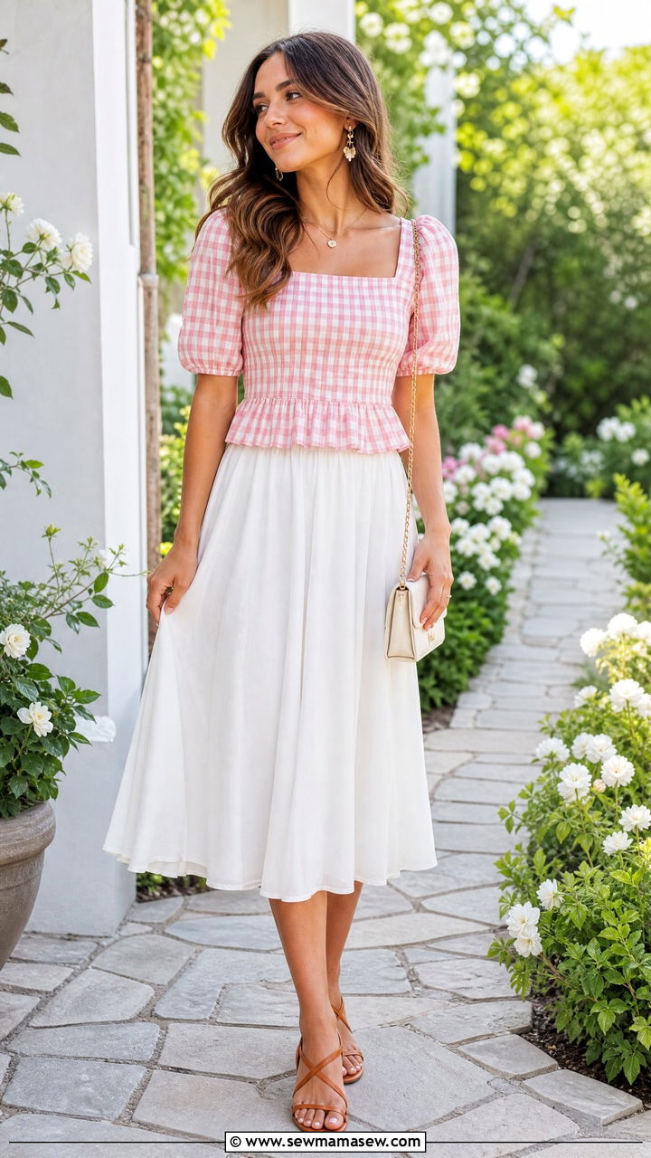 Gingham Top With Midi Skirt Outfit - 20 gingham top outfit ideas