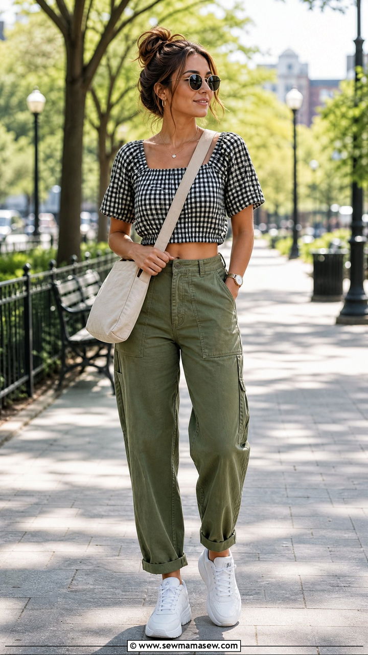 Gingham Top With Utility Pants Outfit - 20 gingham top outfit ideas