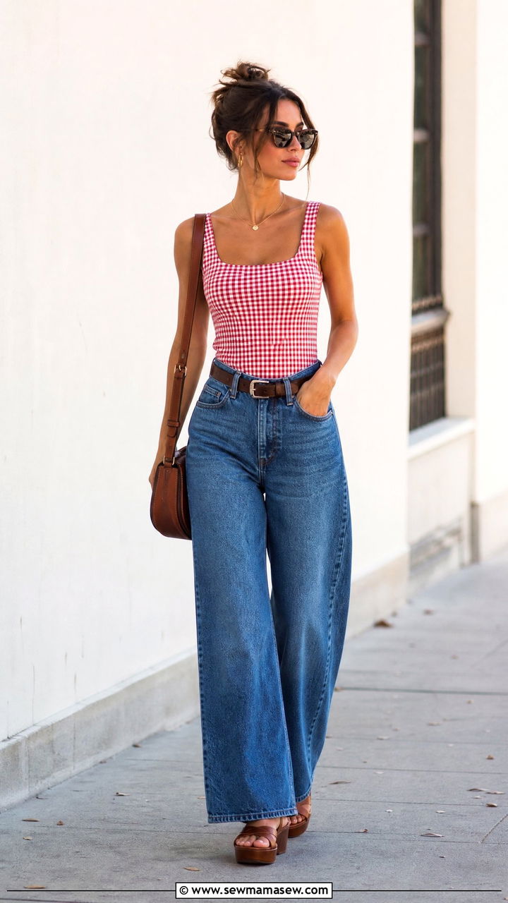 Gingham Top With Wide Leg Jeans Outfit - 20 gingham top outfit ideas