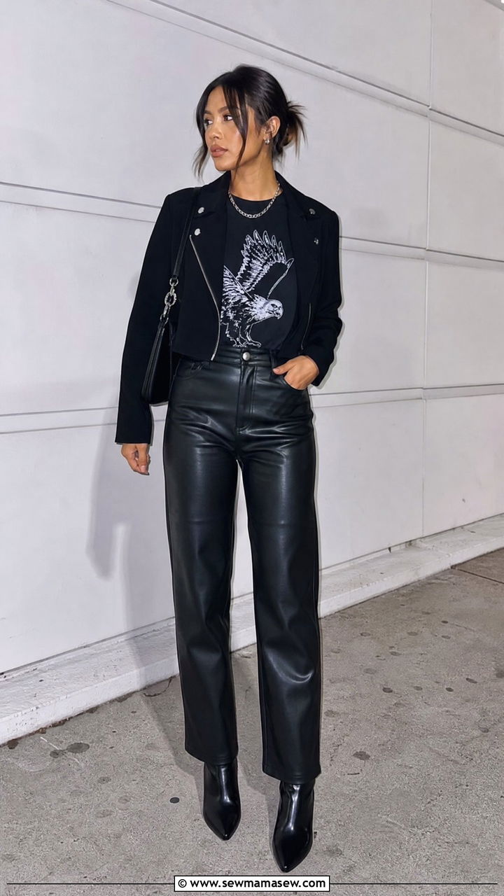 Graphic Crew Neck Tee With Leather Pants - 20 crew neck tee outfit ideas