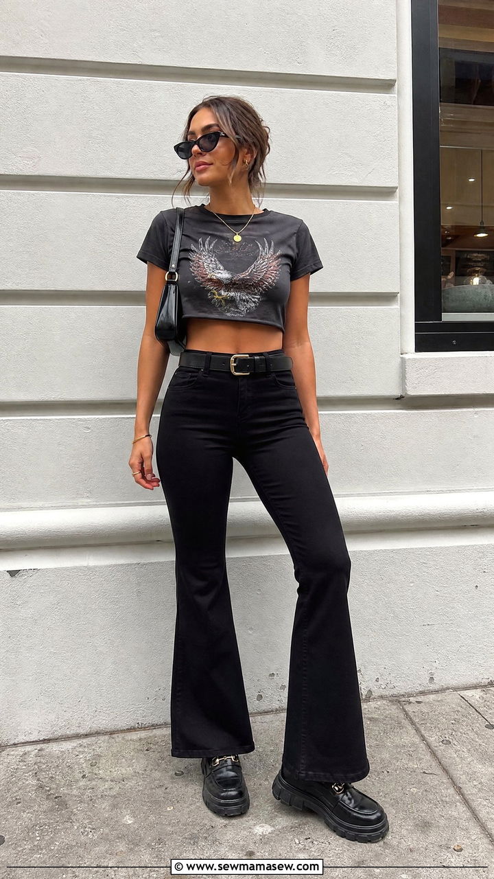 Graphic Crop Tee With Kick Flare Pants - 20 crop top with kick flare pants outfit ideas