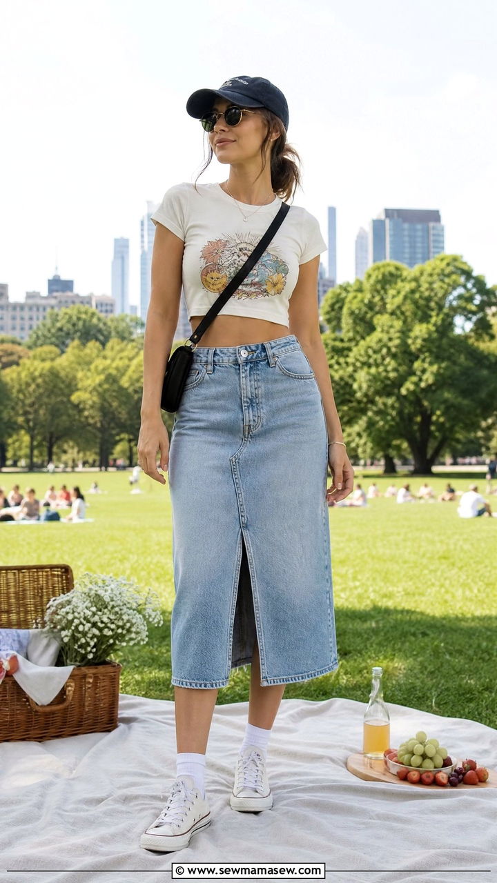 Graphic Crop Top And Denim Skirt Picnic Outfit - 20 summer crop top outfit ideas for a picnic