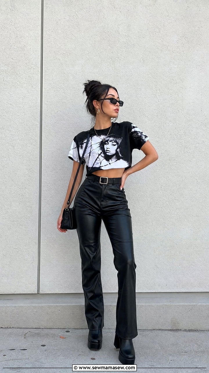 Graphic Crop Top And Leather Pants Outfit - 20 crop top and leather pants outfit ideas