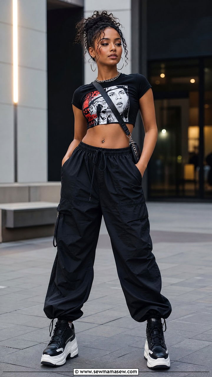 Graphic Crop Top And Parachute Pants Club Outfit - 20 crop top outfits for the club