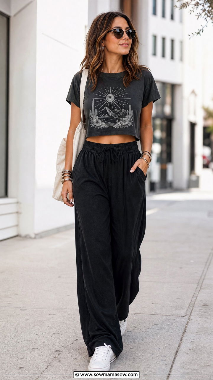 Graphic Crop Top And Wide Leg Pants Outfit - 20 crop top and wide leg pants outfit ideas