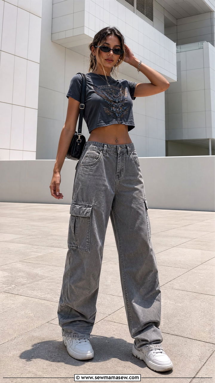 Graphic Crop Top With Baggy Cargo Jeans - 20 crop top with cargo jeans outfit ideas