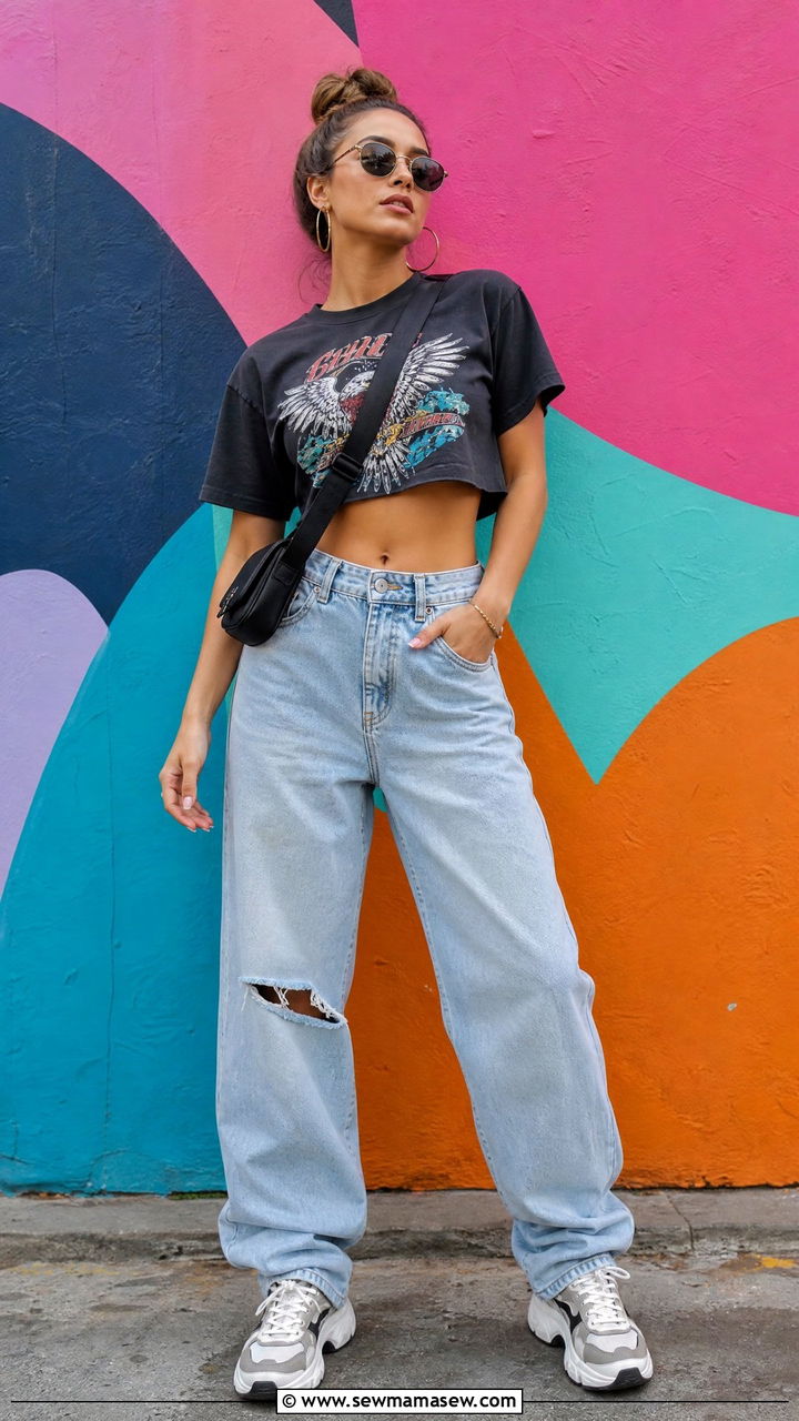 Graphic Crop Top With Baggy Jeans - 20 crop top outfits for a photoshoot