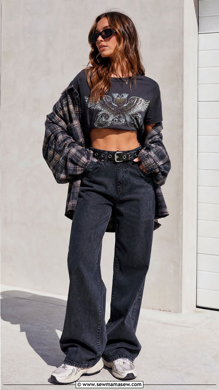Graphic Crop Top With Baggy Jeans - 20 edgy crop top outfit ideas