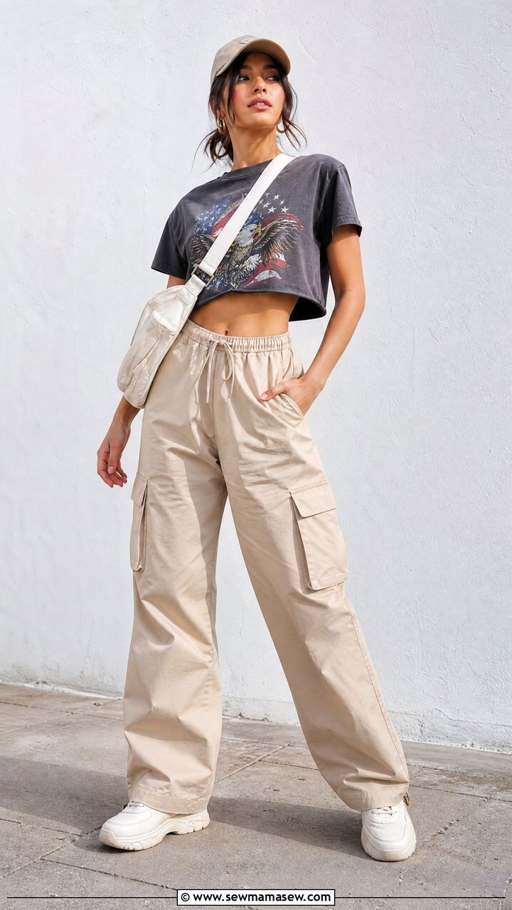 Graphic Crop Top With Beige Cargo Trousers - 20 crop top with beige trousers outfit ideas