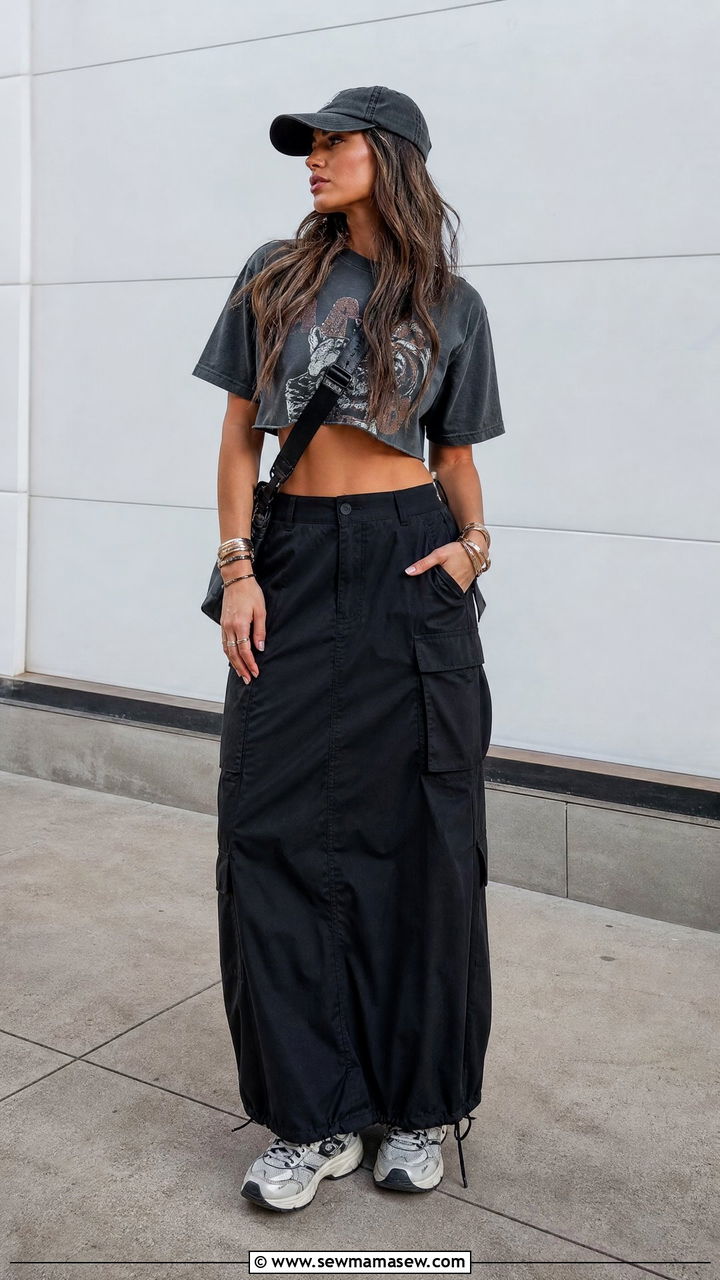 Graphic Crop Top With Black Cargo Maxi Skirt - 20 crop top with cargo maxi skirt outfit ideas