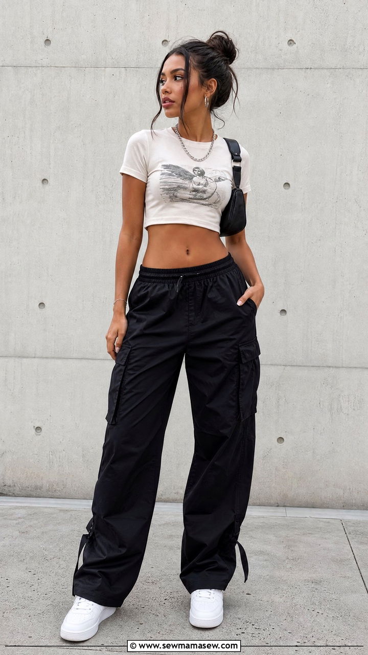 Graphic Crop Top With Black Cargo Pants - 20 summer crop top outfit ideas with cargo pants