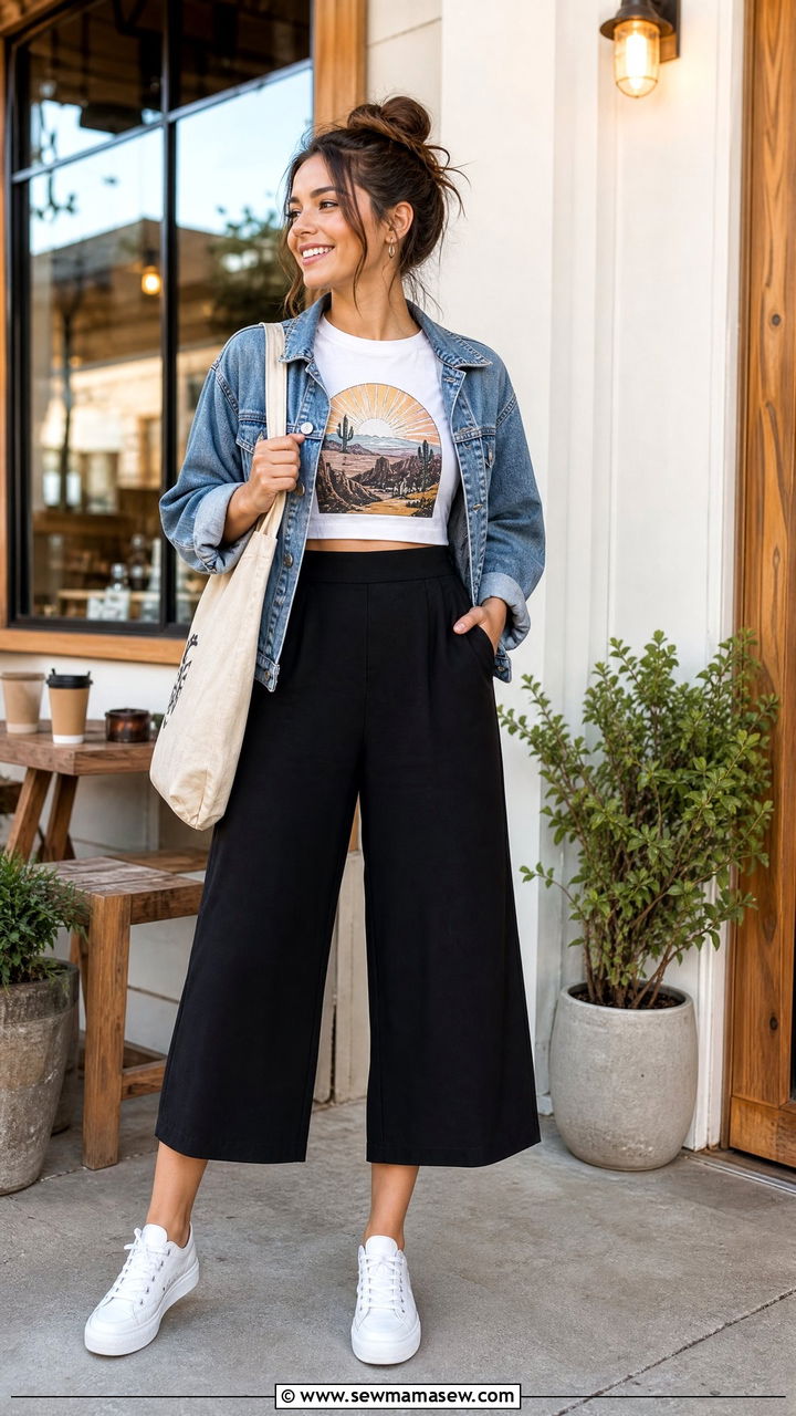 Graphic Crop Top With Black Culottes Outfit - 20 crop top with culottes outfit ideas