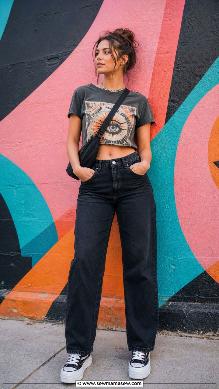 Graphic Crop Top With Black Jeans - 20 crop top with black jeans outfit ideas