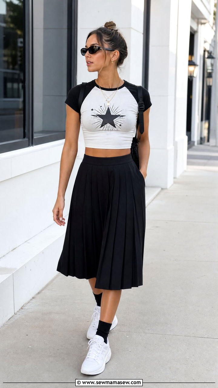 Graphic Crop Top With Black Tennis Skirt Outfit - 20 crop top with tennis skirt outfit ideas