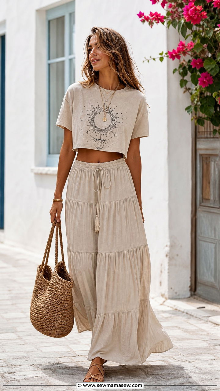 Graphic Crop Top With Boho Maxi Skirt - 20 boho summer crop top outfit ideas
