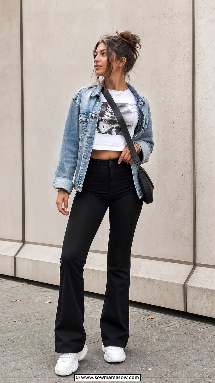 Graphic Crop Top With Bootcut Pants - 20 crop top with bootcut pants outfit ideas